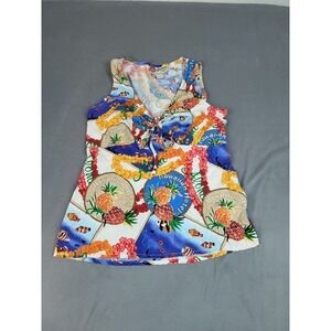 Hilo Hattie Hawaiian Aloha Top Women Small Sleeveless Whimsical Floral AOP Hotel
